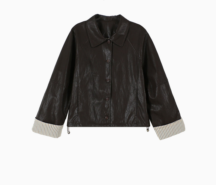 Damen Moderne Lederjacke mit gestreiften Manschetten Drune