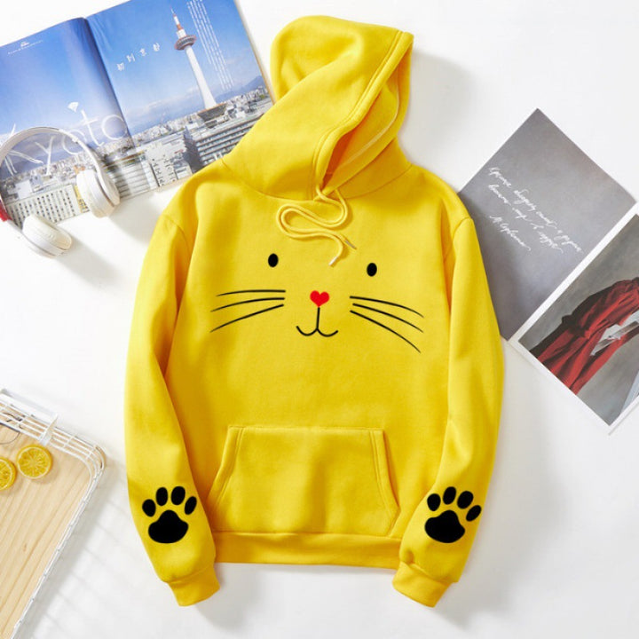 Damen nan Kapuzenpullover mit gedrucktem Katzenmotiv, Kängurutasche und Pfotenapplikationen Drune