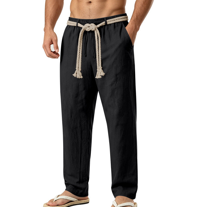 Herren lässige Leinen-Loungehose mit elastischem Bund, dekorativem Seilgürtel und Seitentaschen Drune