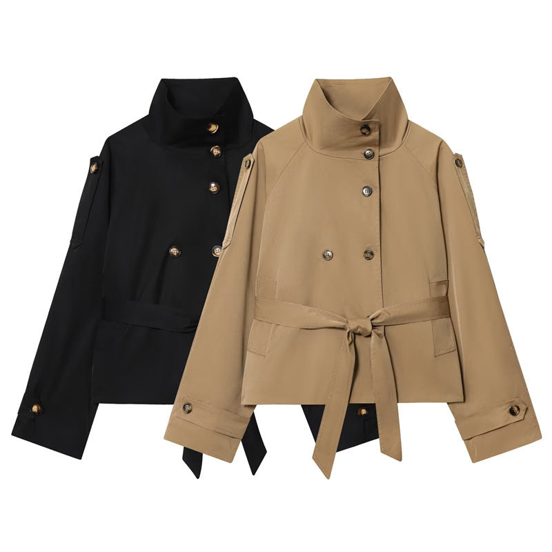 Damen Kurzjacke im Marineinspirierten Doppelreiher mit Stehkragen, Zierknöpfen und Bindegürtel Drune