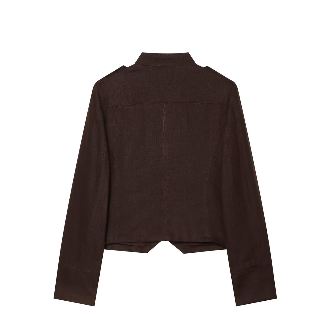 Damen Cropped Feldjacke im Militärstil mit Stehkragen, Epauletten und doppelter Zierknopfleiste Drune