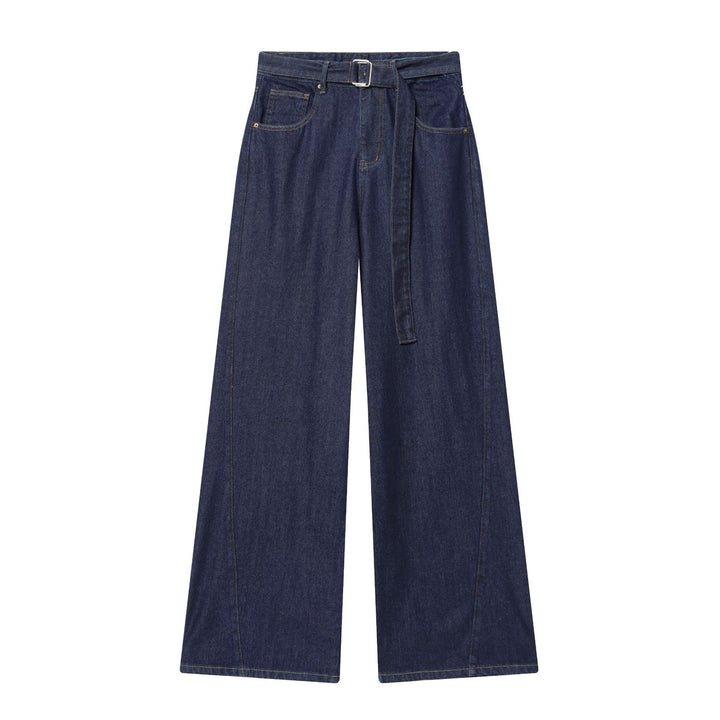 Damen nan hochgeschnittene Jeans mit weitem Bein, Stoffgürtel und großen Vordertaschen Drune