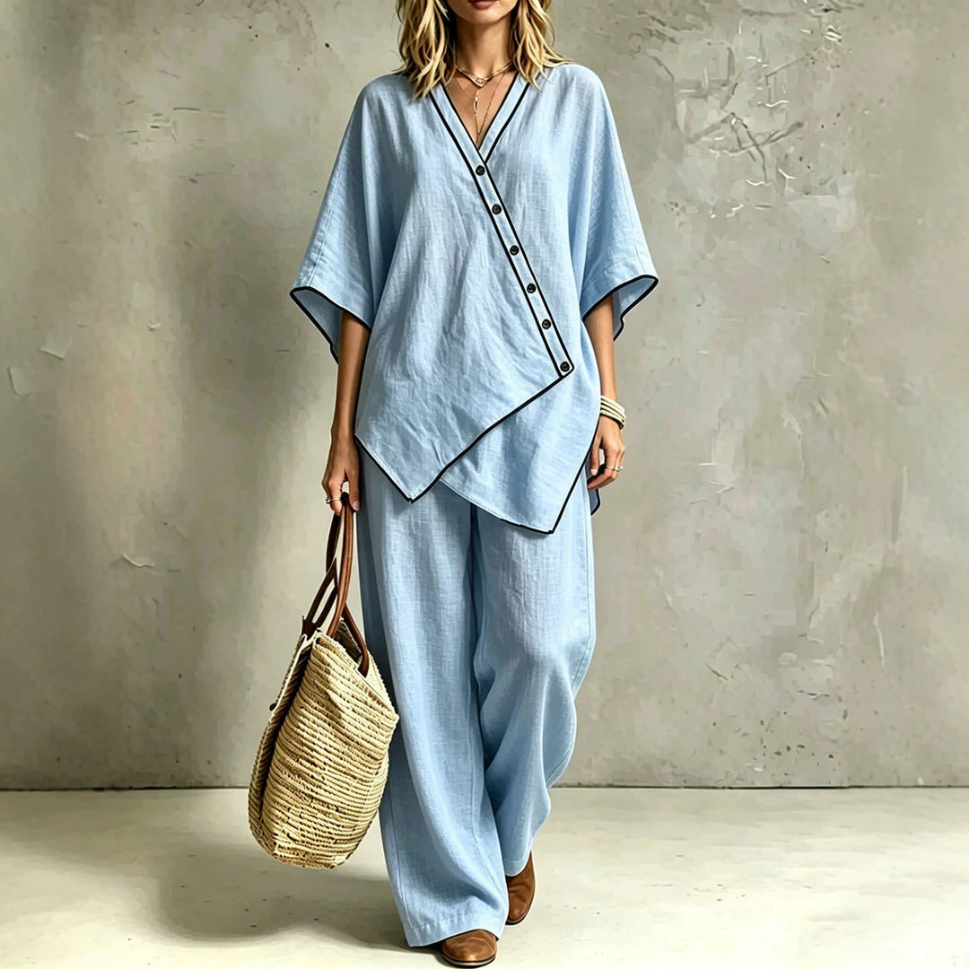 Damen Asymmetrisches Tunika-Loungewear-Set mit diagonaler Knopfleiste und weiter Palazzohose Drune