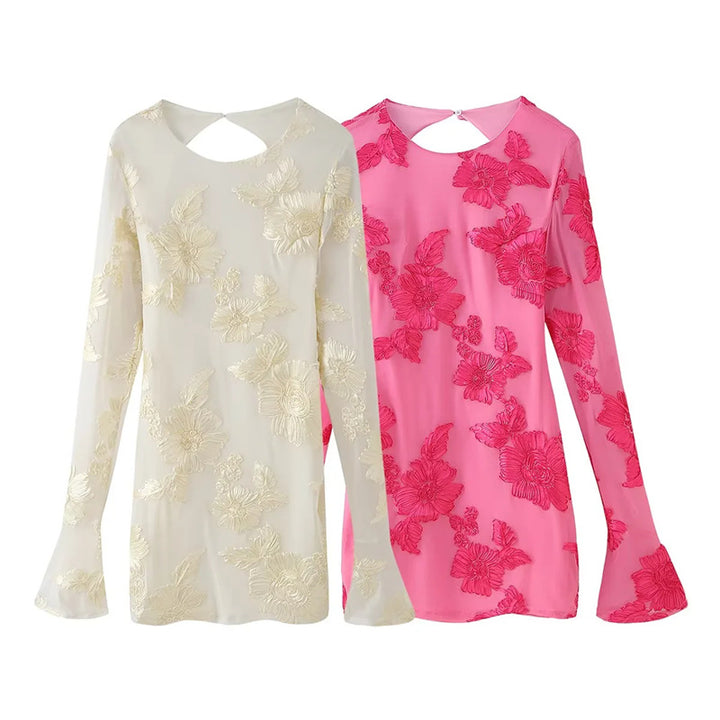 Damen nan bestickte Chiffonbluse mit floraler 3D-Applikation, Cut-Out Rücken und ausgestellten Manschetten Drune