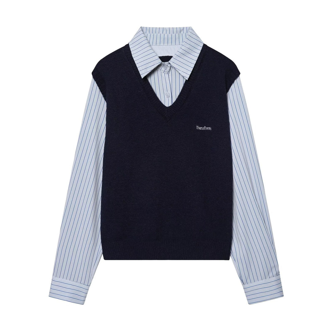Damen Lagenlook-Hemd mit V-Ausschnitt Strickweste Drune