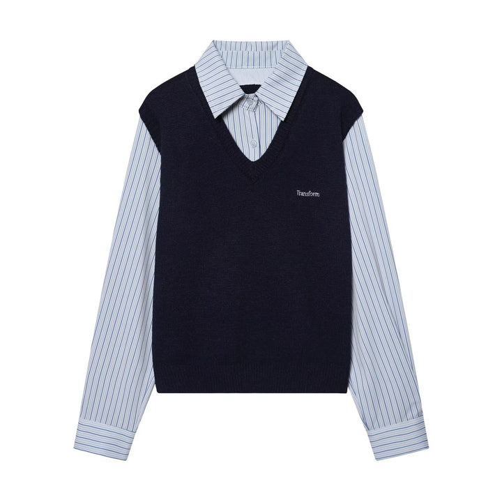 Damen Lagenlook-Hemd mit V-Ausschnitt Strickweste Drune