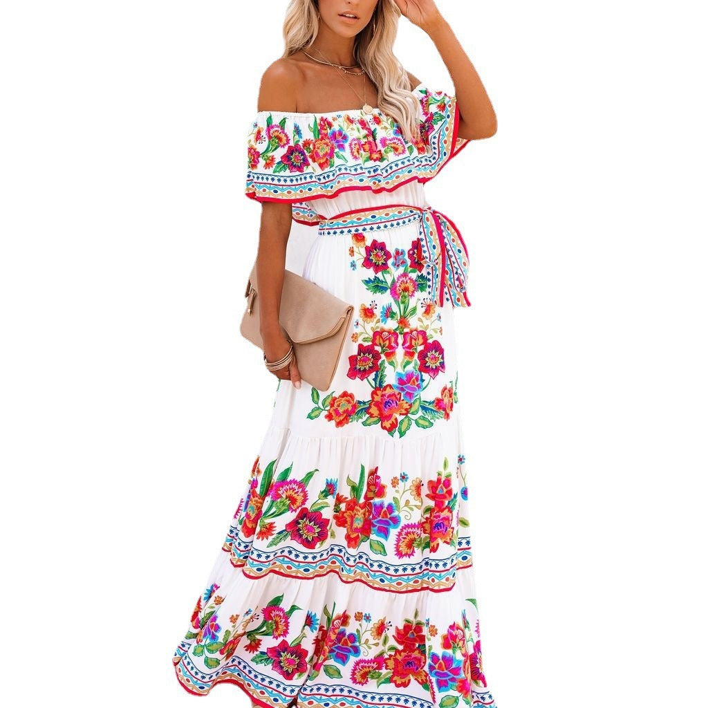 Damen Off-Shoulder Sommerkleid mit floralem Volant Drune