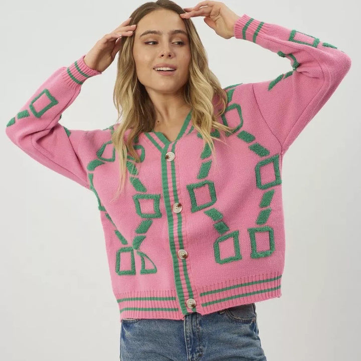Damen modische Strickjacke mit geometrischem Muster und Knopfleiste Drune