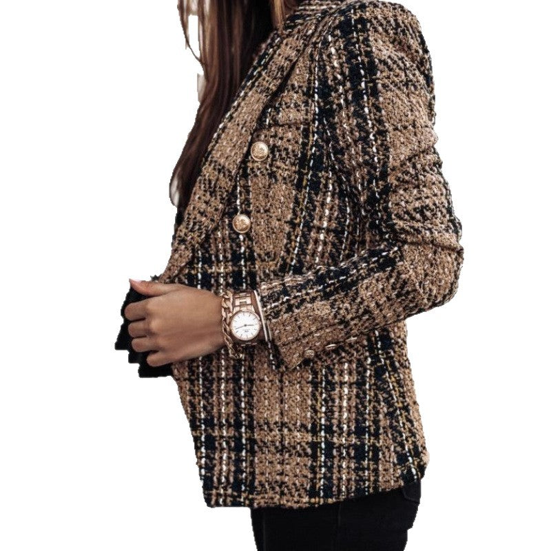 Damen nan eleganter Tweed-Blazer mit Doppelknopf, strukturierter Webung und aufgesetzten Taschen Drune