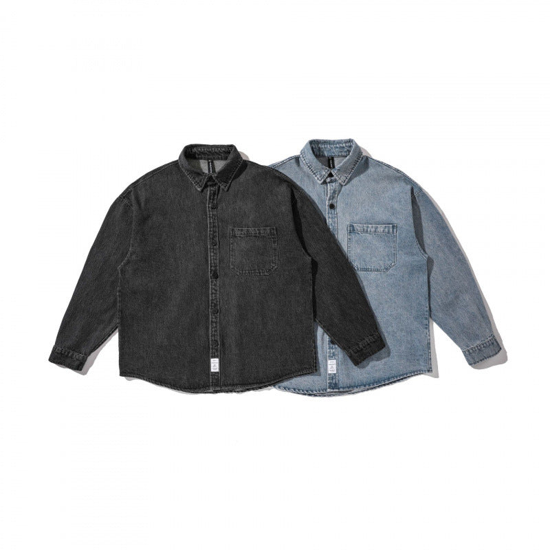 Unisex Kastenförmige Oversized Denim Hemdjacke mit Brusttasche und verwaschener Optik Drune