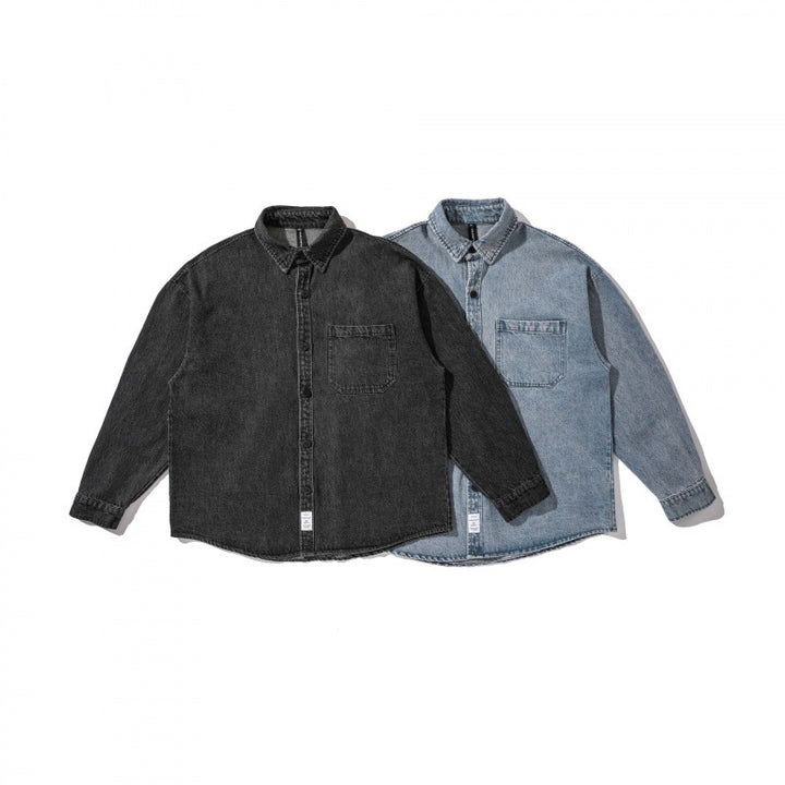 Unisex Kastenförmige Oversized Denim Hemdjacke mit Brusttasche und verwaschener Optik Drune