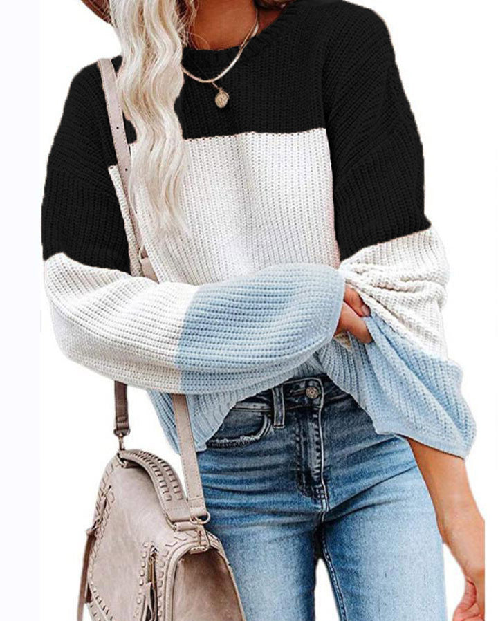 Damen Oversize Colorblock Strickpullover mit Ballonärmeln Drune
