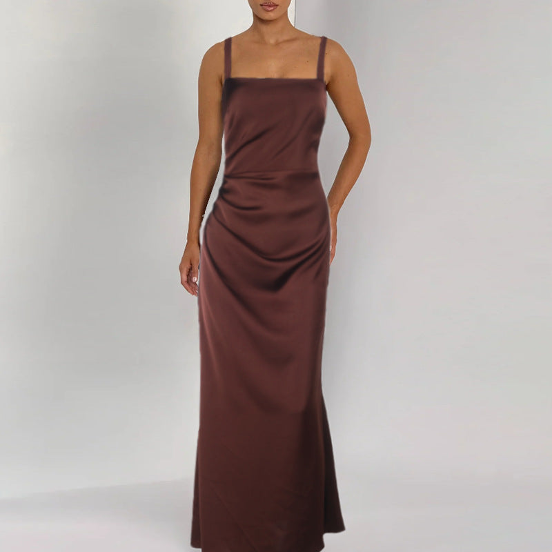 Damen Elegantes Satin-Maxikleid mit schmalen Trägern Drune