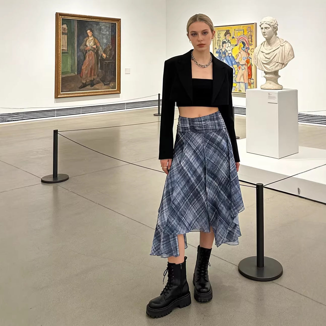 Damen Asymmetrischer mehrlagiger Midirock aus Chiffon mit weitem Taillenbündchen und Karomitternung Drune