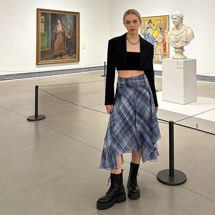 Damen Asymmetrischer mehrlagiger Midirock aus Chiffon mit weitem Taillenbündchen und Karomitternung Drune