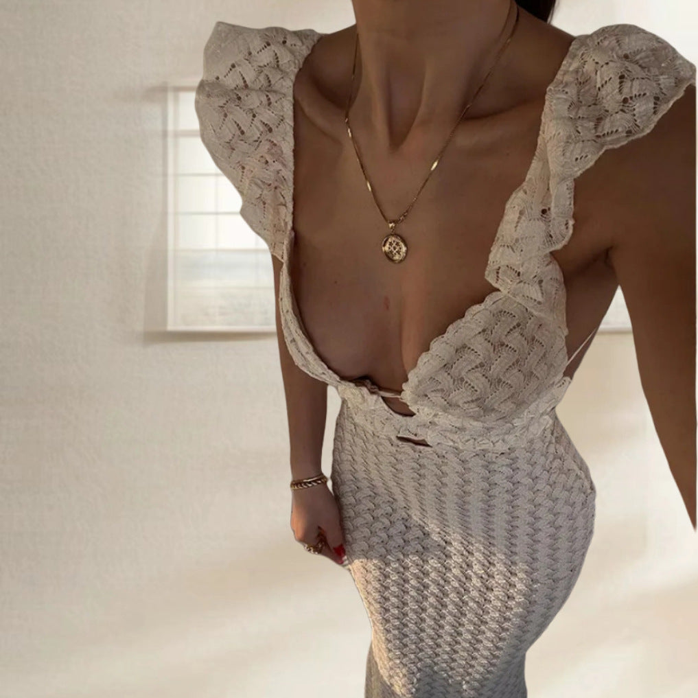 Damen Strick-Maxikleid mit tiefem V-Ausschnitt und Rüschendetails Drune