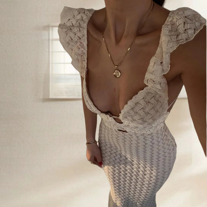 Damen Strick-Maxikleid mit tiefem V-Ausschnitt und Rüschendetails Drune
