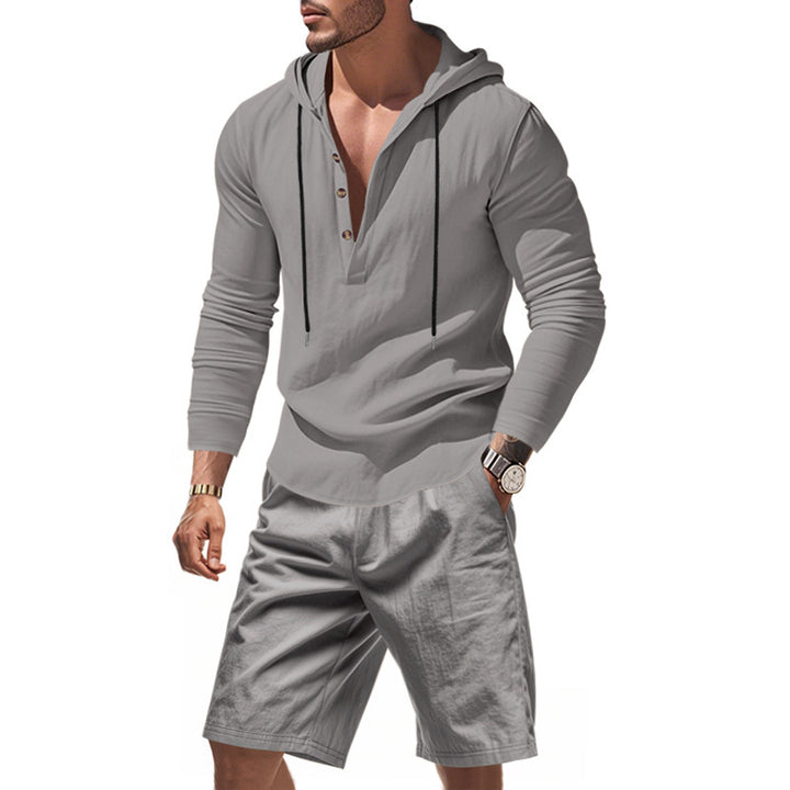 Herren nan Kapuzen-Henley-Loungewear-Set mit Leinenoptik, Kordelzug und elastischer Tunnelzugshorts Drune