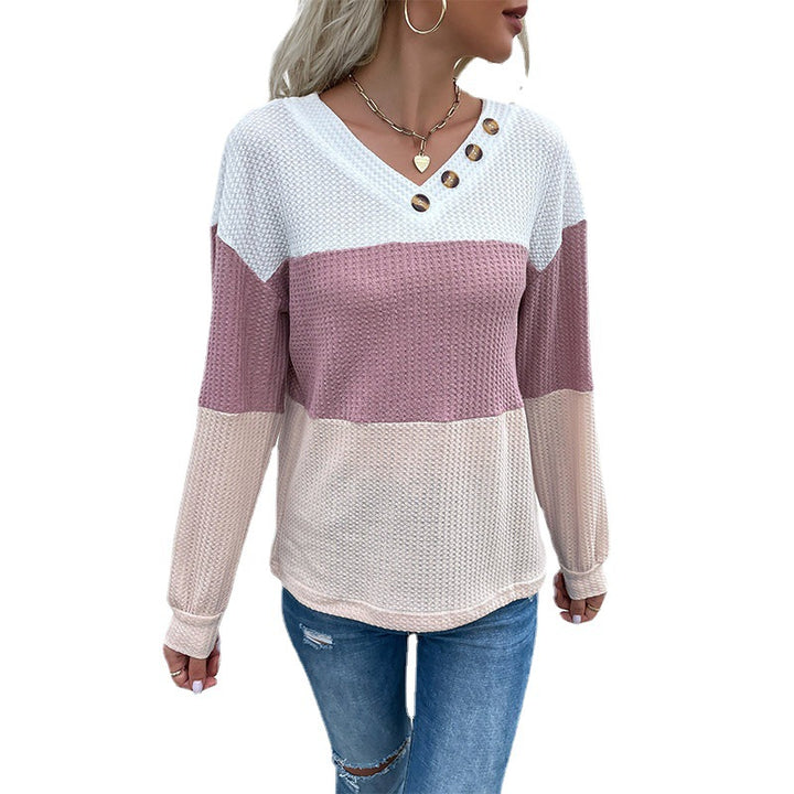 Damen Farbenblock Waffelstrick-Top mit V-Ausschnitt und Zierknopfleiste Drune