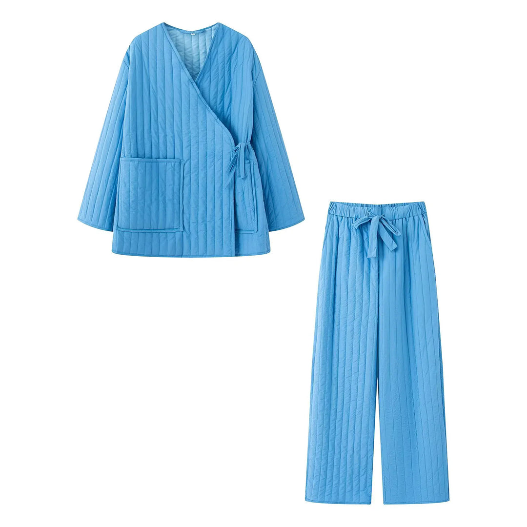 Damen nan gesteppter Kimono-Wickel-Loungewear-Set mit weiter Bundhose Drune