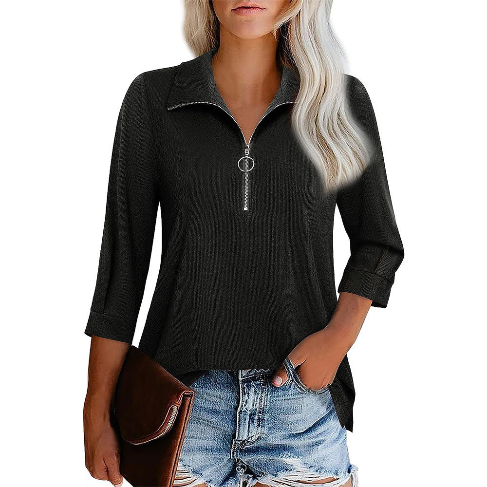 Damen nan lässige Bluse mit Reißverschlusskragen dreiviertelärmel und ausgestelltem Saum Drune
