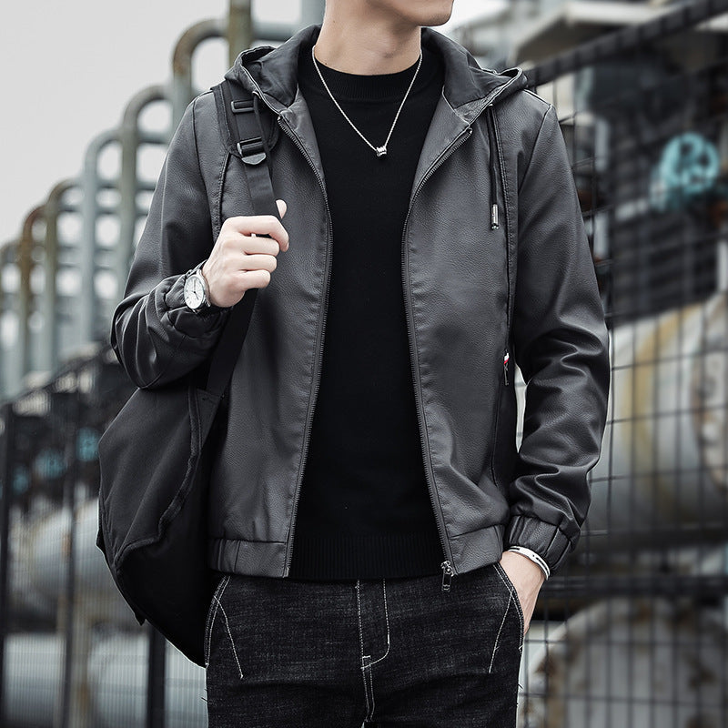 Herren Modische Kunstlederjacke mit verstellbarer Kapuze Drune