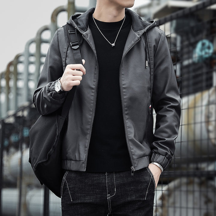 Herren Modische Kunstlederjacke mit verstellbarer Kapuze Drune