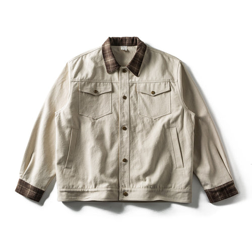 Herren Kurz geschnittener Canvas‑Blouson mit kariertem Kragen und Druckknopf‑Brusttaschen Drune