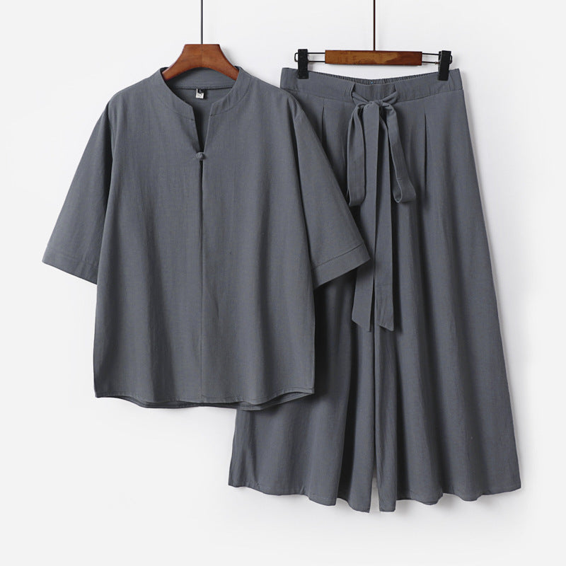 Damen Lässiges Leinen-Viskose Lounge-Set mit Stehkragen-Oberteil und weiten Palazzo-Hose Drune