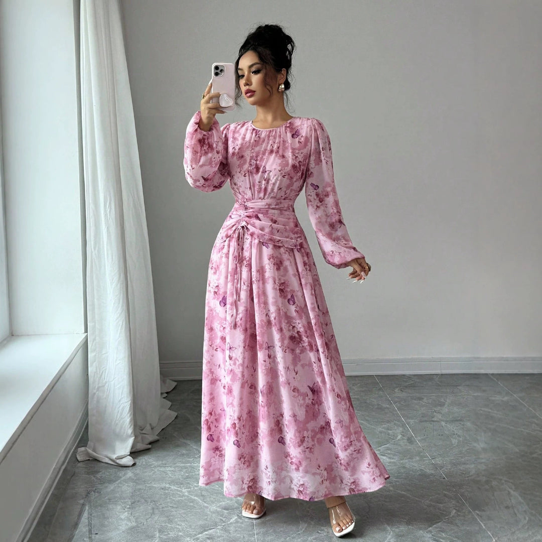 Damen Maxikleid mit floralem Schmetterlingsprint, geraffter Taillenpartie und langen Ballonärmeln Drune