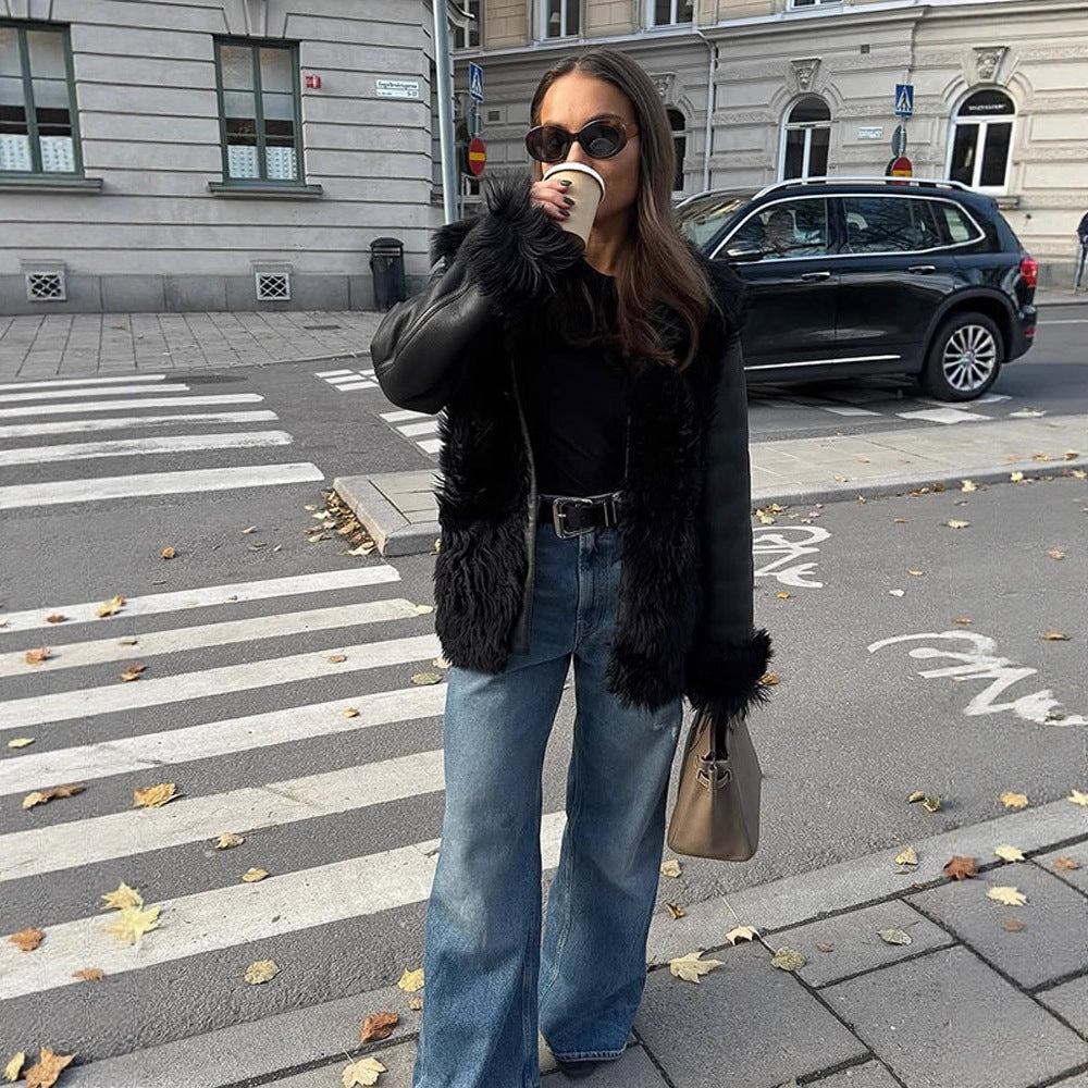 Damen Oversize Kunstleder-Mantel im Aviator-Stil mit voluminösem Faux-Fur-Kragen und Teddybündchen Drune