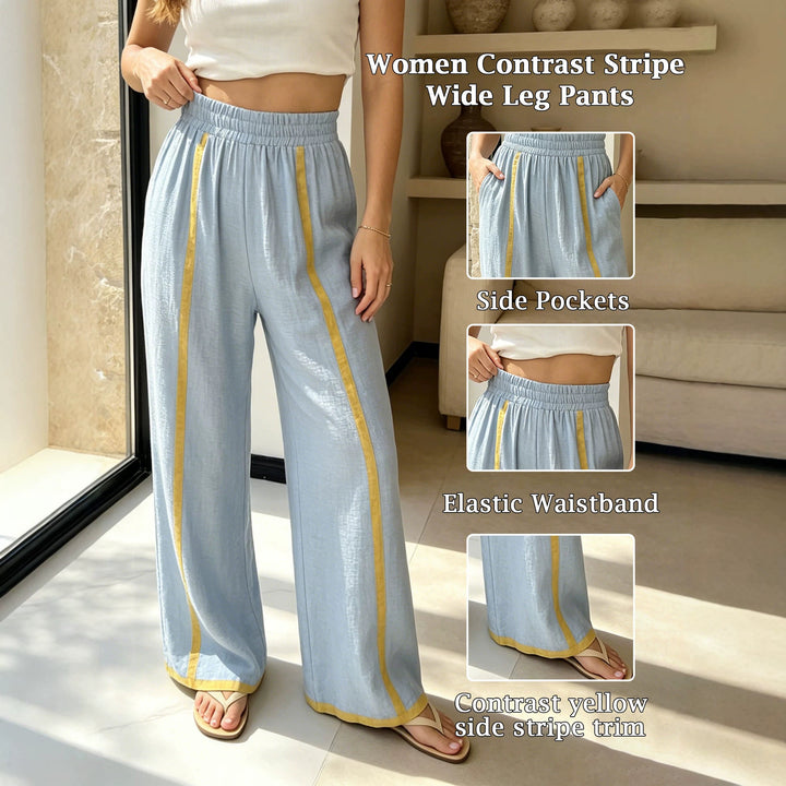 Damen Weite Leinenhose mit Kontraststreifen und elastischem Bund Drune