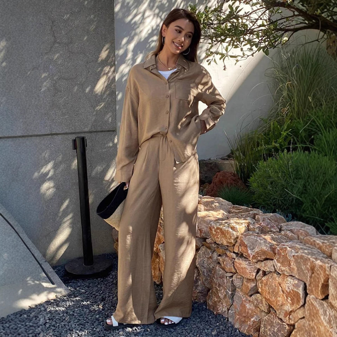 Damen nan entspanntes Leinen Lounge Set mit Oversize Hemd und Kordelbund Palazzohose Drune