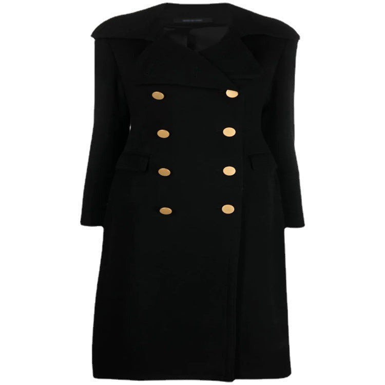 Damen Doppelreihiger Longcoat im Marinemantel‑Stil mit markanten Metallknöpfen Drune