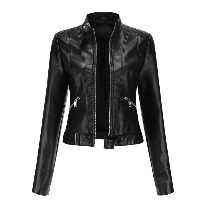 Damen nan kurze taillierte Kunstlederjacke im Racer-Stil mit Stehkragen und Reißverschlusstaschen Drune