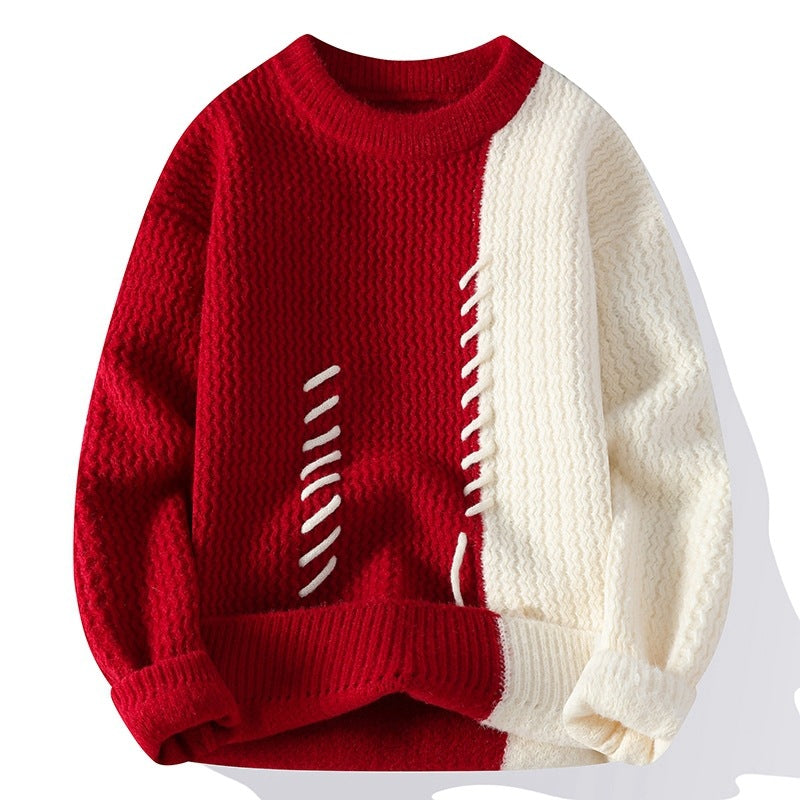 Unisex nan strukturierter Strickpullover mit asymmetrischem Zweifarbdesign und dekorativer Ziernaht Drune