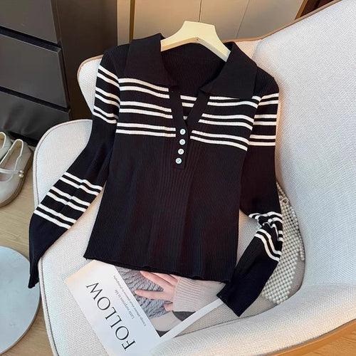 Damen gestreifter Pullover mit Knopfleiste und klassischem Kragen Drune