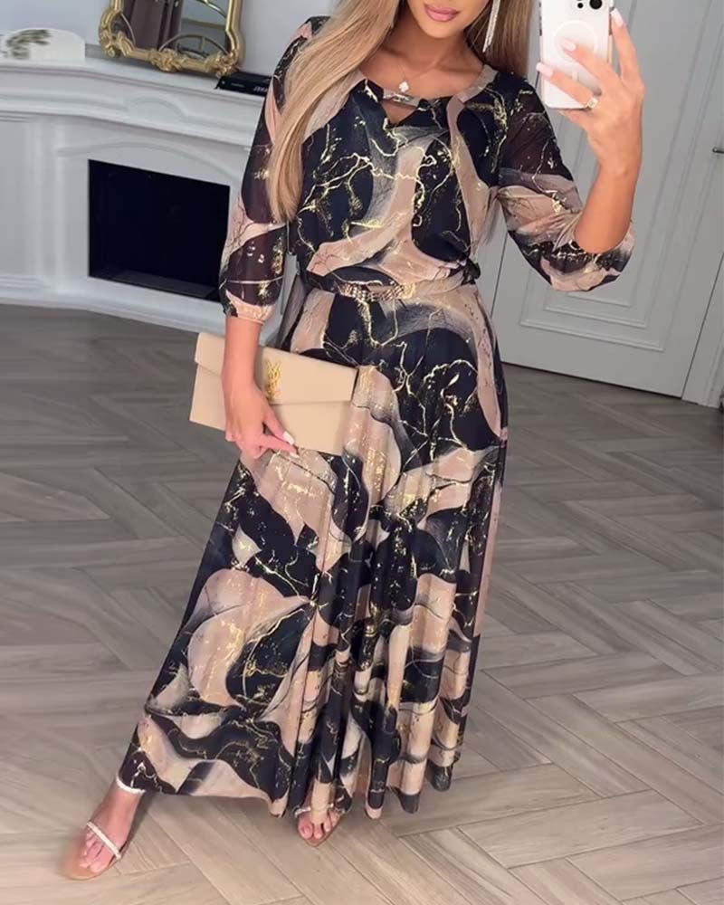 Maxikleid für Damen im fließenden Chiffon-Look mit abstraktem Marmorprint und 3/4-Ärmeln Drune