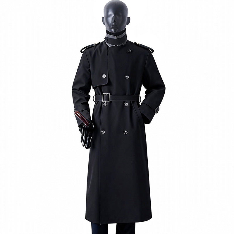 Herren Zeitloser Maxilanger Trenchcoat im Military-Stil mit Sturmklappe und Taillengürtel Drune