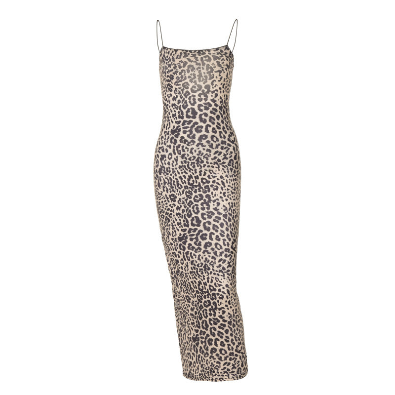 Damen Leoprint Maxikleid mit verstellbaren Spaghetti-Trägern Drune