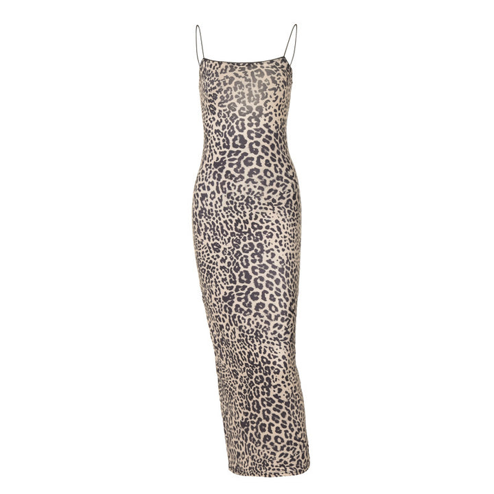 Damen Leoprint Maxikleid mit verstellbaren Spaghetti-Trägern Drune