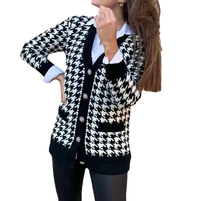 Damen modische Strickjacke mit klassischem Hahnentrittmuster und Knopfdetails Drune