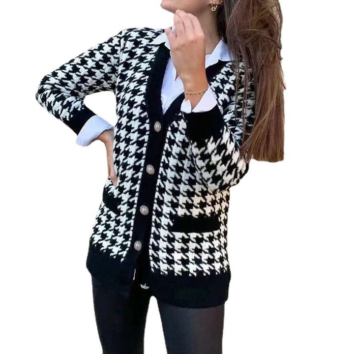 Damen modische Strickjacke mit klassischem Hahnentrittmuster und Knopfdetails Drune