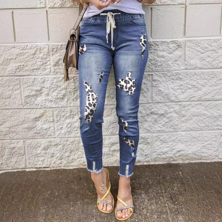 Damen modische Skinny-Jeans mit einzigartigem Leoparden-Design und Destroyed-Details Drune