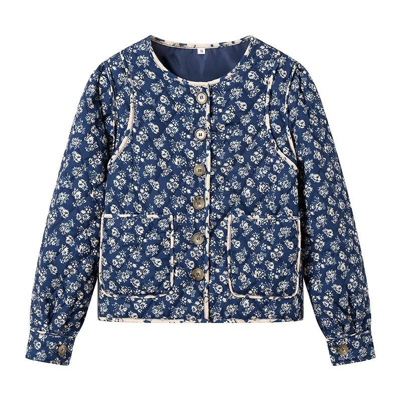 Damen Steppjacke mit floralem Allover‑Muster, rundem Ausschnitt und aufgesetzten Taschen Drune