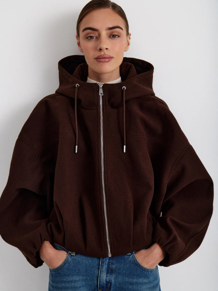 Damen Kurzjacke aus Wollmix mit Kapuze, kastiger Boxy‑Silhouette & gerafftem Saum Drune