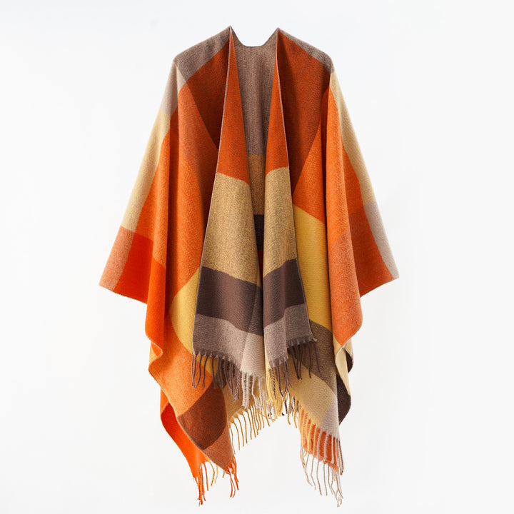 Damen Weiches Oversize-Cape aus Wollmischung mit großem Blockmuster und Fransensaum Drune