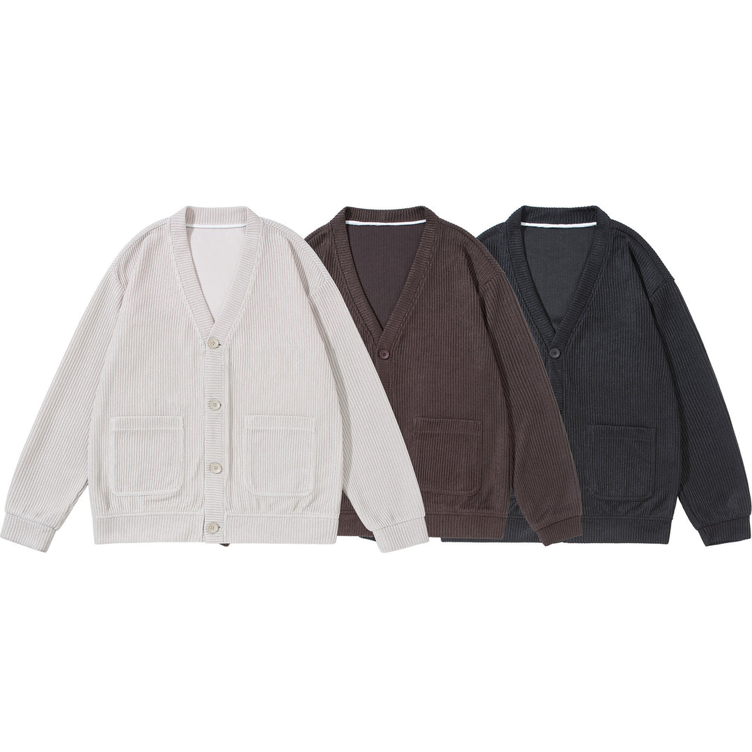 Unisex Strukturiertes Knopf-Cardigan mit V-Ausschnitt und aufgesetzten Taschen Drune