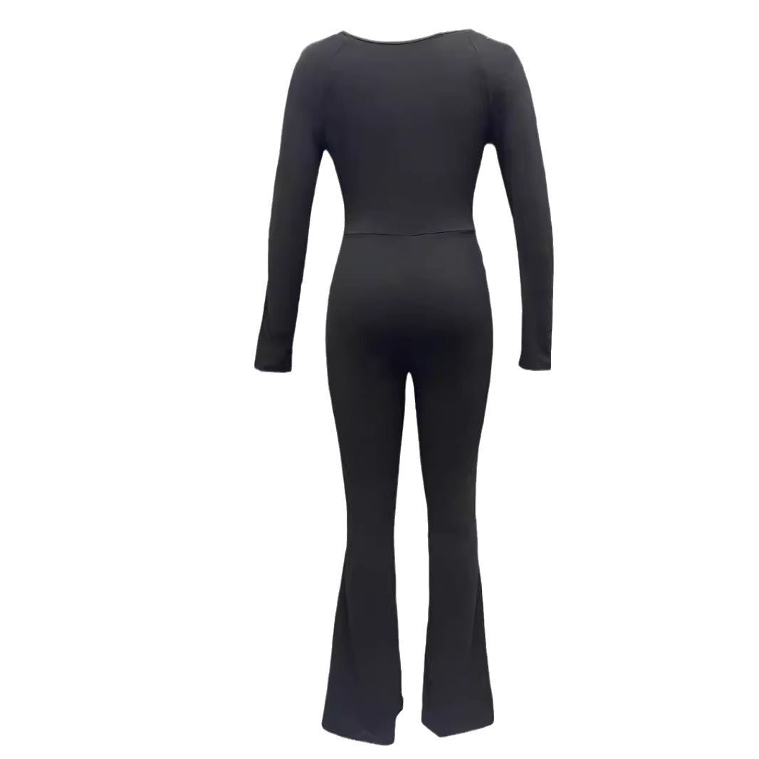 Damen Eleganter und figurbetonter Jumpsuit mit weitem Bein und langen Ärmeln Drune