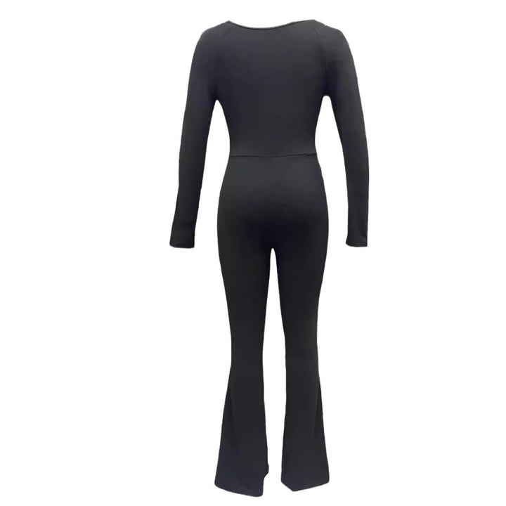 Damen Eleganter und figurbetonter Jumpsuit mit weitem Bein und langen Ärmeln Drune